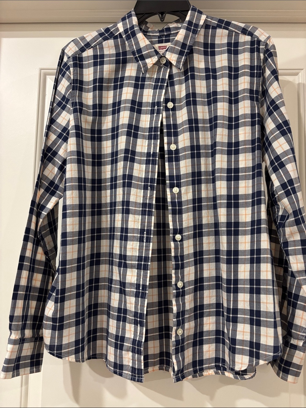 Levi Women's Navy and White Plaid Button-Down Shirt